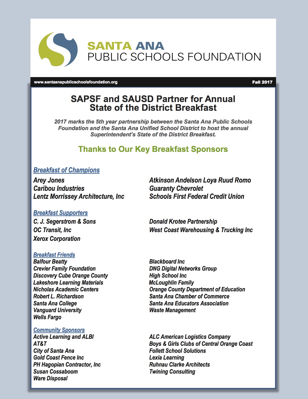 SAPSF Fall 2017 Newsletter